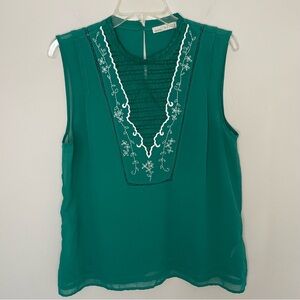 Hinge Womens Sleeveless Blouse Kelly Green Embroidered Lightweight Sz L Office